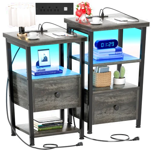 Girapow Nightstands Set of 2, 3-Tier Nightstand with LED Lights, 26.8'' Charging Station and USB Ports, Adjustable Wood Drawers, End Table Bedside Storage for Bedroom, Grey