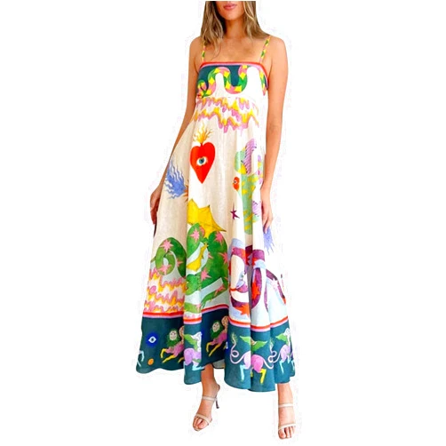 Generic Women Cute Print Maxi Cami Dress Loose Sleeveless Spaghetti Strap Boho Dress Flowy Graffiti Long Aline Sun Dress
