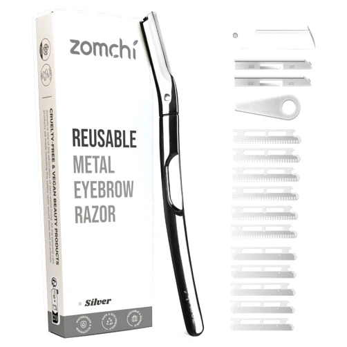 ZOMCHI Eyebrow Razor and Face Razor for Women and Men, Reusable Metal Handle with 11 Refill Blades, Dermaplane Razor with Protective Silicone Cap, Eyebrow Hair Trimmer - Polished Silver