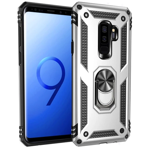 Dishibei Military Grade Drop Impact for Samsung Galaxy S9 Plus Case 360 Metal Rotating Ring Kickstand Holder Magnetic Car Mount Armor Heavy Duty Case for Galaxy S9+ Phone Protection Case (Sliver)