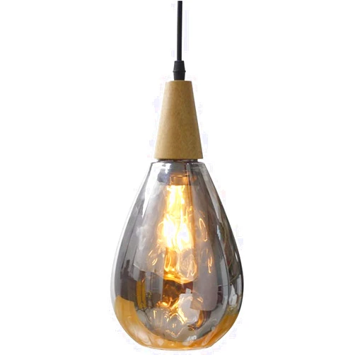 Lywins® E26 Wooden Water Droplets Wave Light Grey Glass Modern Nordic Pendant Lights Hanging Lamps for Dining Room Kitchen Bedroom Lighting Fixture
