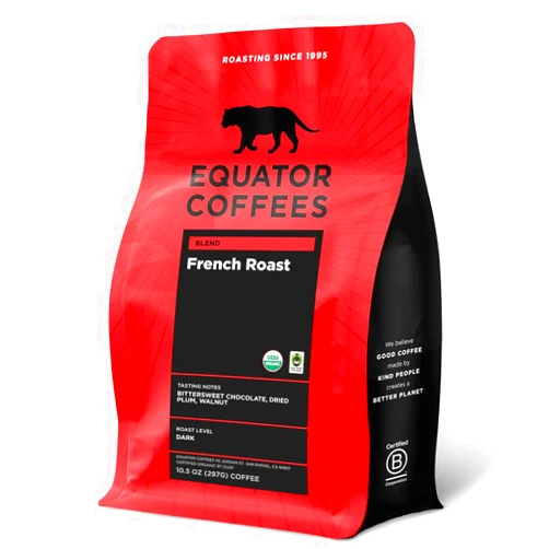 Equator Coffees & Teas Equator Coffees, French Roast Blend, Organic Whole Bean Coffee, Dark Roast, Fresh Roasted, Bittersweet Chocolate & Plum Flavor Notes, Sustainable and Fair Trade Certified, 10.5 oz Bag