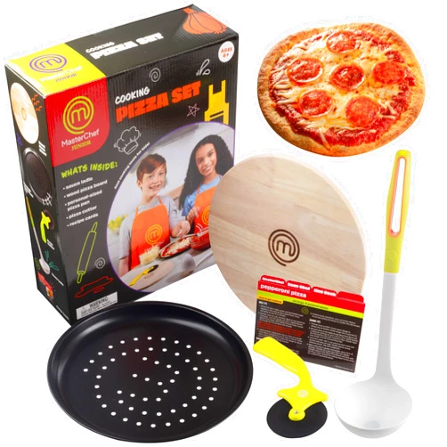 MasterChef Junior Pizza Cooking Set - 5 Pc Kit Includes Real Cookware for Kids w Recipes, Wood Board, Cutting Roller - Make Awesome Homemade Pizza, Great Gifts Birthday Summer Activity for Children