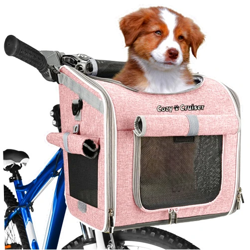 RUFF LIFE 101 Dog Bike Basket, Expandable Soft-Sided Reflective Pet Carrier Backpack with 4 Open Doors, 4 Mesh Windows for Medium Small Dog Cat Puppies - Pink (Pink)