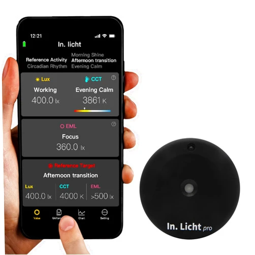 In. Licht Pro Handheld EML Light Meter Sensor Lumens Lux Color Temperature CCT Contrast Uniformity Measurement for Architecture Interior Lighting Design Well Healthy Building Standard V2 Compliance
