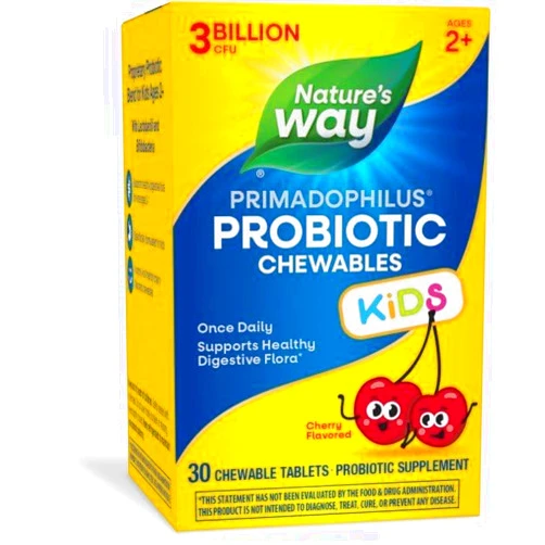 Nature's Way Primadophilus Probiotic Chewables for Kids, Supports Healthy Digestive Flora*, for Kids Ages 2+, 3 Billion CFU, 30 Cherry Flavored Chewables (Packaging May Vary)