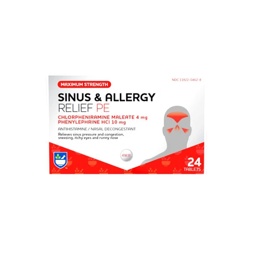 Rite Aid Sinus & Allergy Relief PE Tablets, Maximum Strength- 24 Count | Antihistamine and Nasal Decongestant | 4 Hour Allergy Medication | Allergy and Congestion Relief