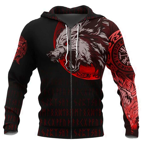 WDBAYXH Fenrir Wolf 3D Print Hoodie Viking Compass Sweatshirt, Men's Full Zip Pullover, Casual Tracksuit Jacket Streetwear,Zip,3XL