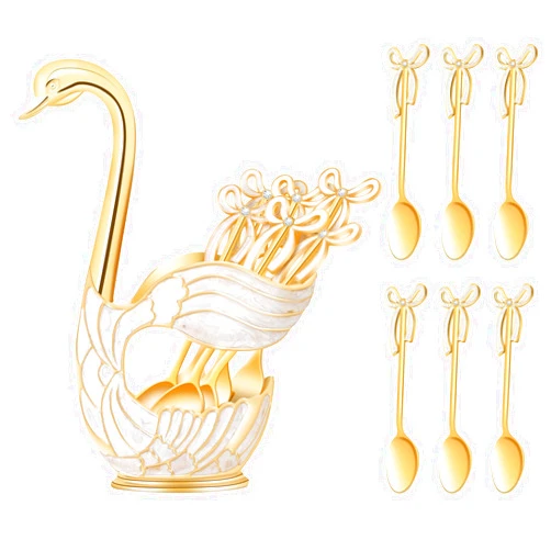 WENMAQIN Gold Swan Base Holder,Table Decorative Swan Dessert Spoons Organizer Base Spoons Holder with 6pcs Coffee Spoon set,Elegant Gold Dessert Spoons,Premium Zinc Alloy Swan Base Spoon Organizer (Gold)