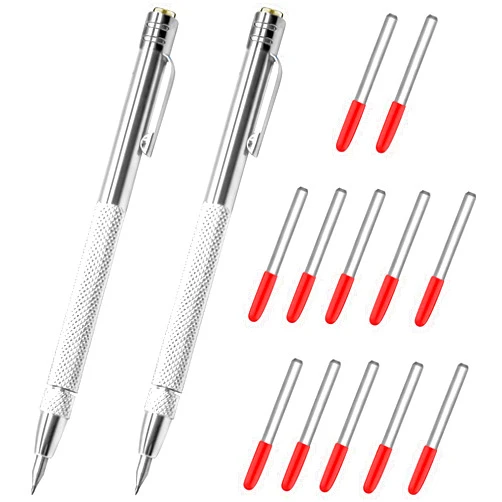 HINGTAI 2Pcs Tungsten Carbide Tip Scriber With 12 Replacement Marking Tip, Aluminium Magnet Carbide Scribe Tool Etching Pen With Clip, Metal Engraving Pen for Glass / Ceramics / Hardened Steel / Metal Sheet
