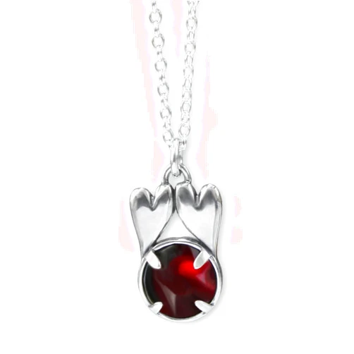 Mark Poulin Hearts Connected Forever - Romantic Gift Pendant - Set With Garnet on an Adjustable Chain