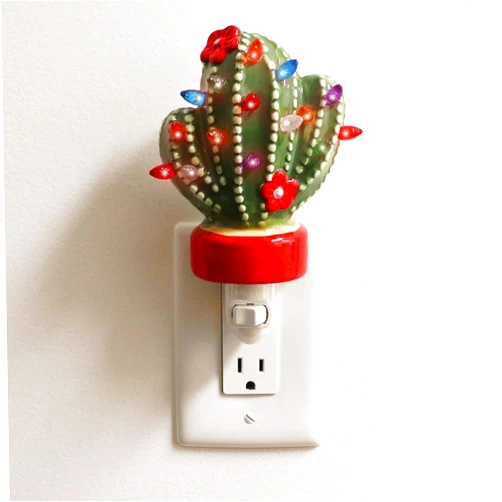 Milltown Merchants Ceramic Christmas Tree Night Light - Plugin Christmas Tree with Lights - Lighted Vintage Ceramic Tree - Mini Christmas Tree Decorative Night Light (Cactus)