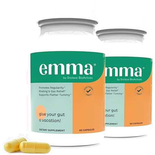 Emma Gut Health - 2 Pack - Gas and Bloating Relief, Constipation, Leaky Gut Repair - Gut Cleanse & Restore Digestion - Regulate Bowel Movement. Probiotics and Laxative Alternative, 120 Capsules