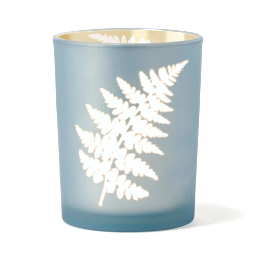 Torre & Tagus 4x5 Frosted Glass Hurricane Blue Fern Candle Holder - Blue Gold Mirror Finish for Cut Flowers, Hurricane Candle Holder for Tealights Votives Flameless LED Lights & Glass Cylinder Vase