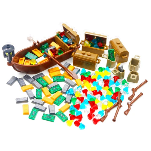BroTex Pirate Accessories Money - Treasure Chest Building Block Bricks Pack, Money Gold Bar, Gems Diamonds, Jewels with Pirate Boat Ship People Parts, Building Bricks Set