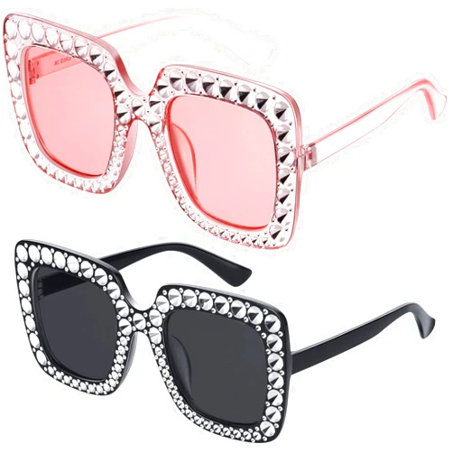 Frienda 2 Pieces Oversize Square Sparkling Sunglasses Retro Thick Frame Sunglasses