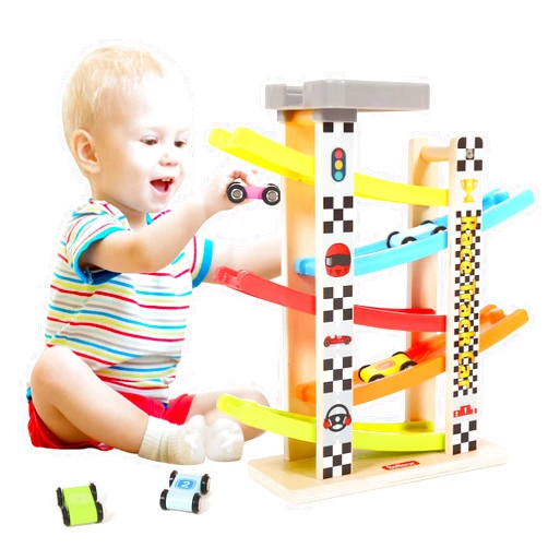 Belleur Montessori Toy for 1-3 Years Old Boys and Girls, Kid Wooden Race Track Car, Toddler Ramp Racer Set with 5 Mini Cars & 5 Ramps, Perfect for Babies' Birthday Gifts, Visit Gifts