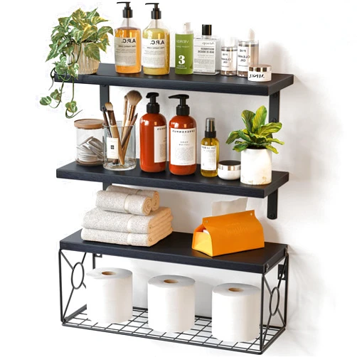 AMADA HOMEFURNISHING Amada Bathroom Shelves Over Toilet with Storage Basket, Floating Shelves Wall Shelves for Home Organization & Wall Decor, Bathroom/Kitchen/Living Room Shelves–Black