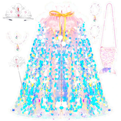 Meland Princess Dress Up for Girls 3-8, 11Pcs Mermaid Cape with Crown, Dress Up Clothes Birthday Gift Toys for Girls Toddlers