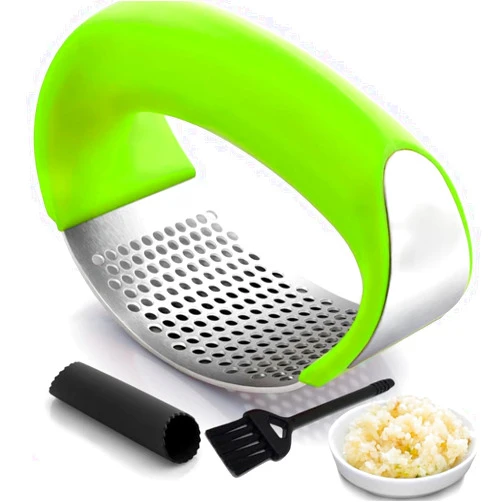 Angel's Peel Lounge Stainless Steel Garlic Press Rocker Set with Silicone Garlic Peeler & Cleaning Brush – Garlic Chopper, Mincer, Grater, Crusher – Easy for Crushed Cloves – Rust-Resistant, Green