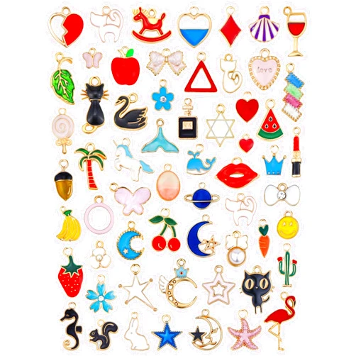 JIALEEY 60PCS Assorted Gold Plated Enamel Animal Moon Star Fruit Charm Pendant DIY for Necklace Bracelet Jewelry Making and Crafting