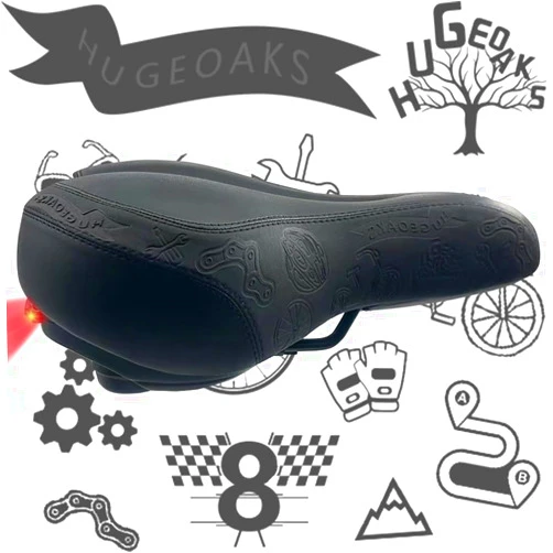 HUGEOAKS Comfortable Bicycle Seat for Men and Women, Bike Seat with Dual Shock Absorbing Ball, Thick Memory Foam and Tail Light, Suitable for Mountain Bike, Road Bike and Stationary Exercise Bike