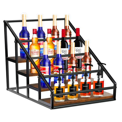 YQBRAO Coffee Syrup Rack Organizer,Coffee Bar Syrup Bottle Rack,Wine Rack,Spice Rack,Countertop Condiment Storage Rack,Rustic Brown,4 Tier 16 Bottle Coffee Syrup Holder
