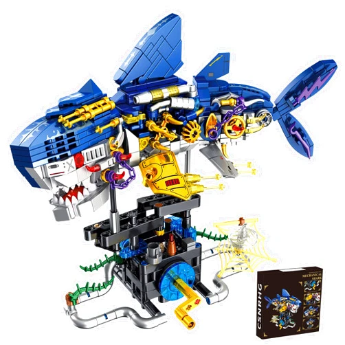 CSNRHG Mechanical Shark Building Block Set with Rotatable Link Components and Display Stand Marine Animal Model Birthday for Boys Age 8-12 Adults Mechanical and Ocean Enthusiasts 734 Pieces