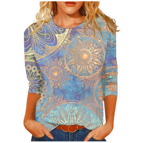 Generic Women's 3/4 Sleeve T-Shirts 2024 Trendy Floral Print Summer Tops Casual Crewneck Tunic Blouses Fashion Clothes S-XXL
