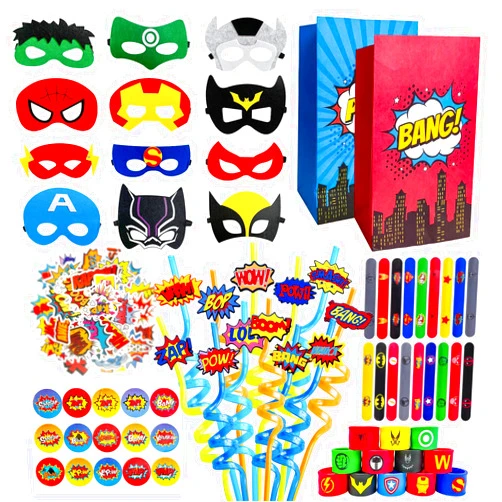 FAVOYCPAR 113PCS Superhero Party Favor Supplies -Reusable Drinking straws Masks&Slap Bracelets Candy Bags&Superhero Stickers Gifts for Kids Birthday Superhero Themed Party Favors Birthday Decorations
