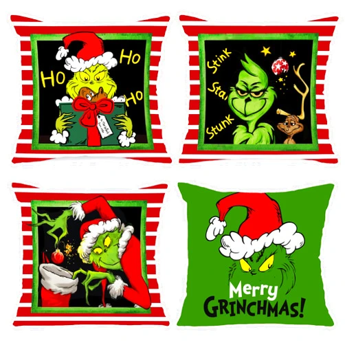 Yaofavo Christmas Pillow Covers Set of 4, Merry Grinchmas Winter Cushion Case Decoration for Living Room Sofa Couch, Cover Only (Red Stripes, 16 x 16 Inch)