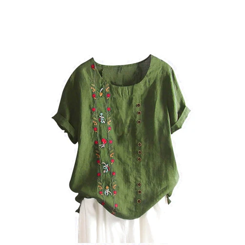 Generic Women's Cotton Linen Tops Vintage Floral Embroidery Roll Up Short Sleeve Blouse Plus Size Button Down Crewneck Shirts