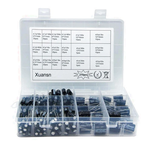 XUANSN Electrolytic Capacitor 4.7uF 47uF 470uF 10V 16V 25V 50V 63V 100V 160V 200V 250V 400V 450V Capacitors Kit 18Value 270Pcs for Repair Household Appliances Communication Equipment Electronic Toy