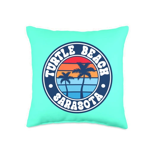 Vibrant Towns Across America USA Travel Souvenir Turtle Beach Sarasota Retro Sunset Palm Trees Hometown Pride Throw Pillow, 16x16, Multicolor