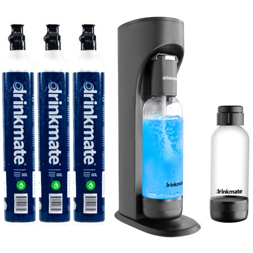 Drinkmate OmniFizz Sparkling Water and Soda Maker, Carbonates Any Drink, ULTIMATE BUNDLE - Includes three 60L CO2 Cylinders, Two Carbonation Bottles, and Fizz Infuser (Matte Black)