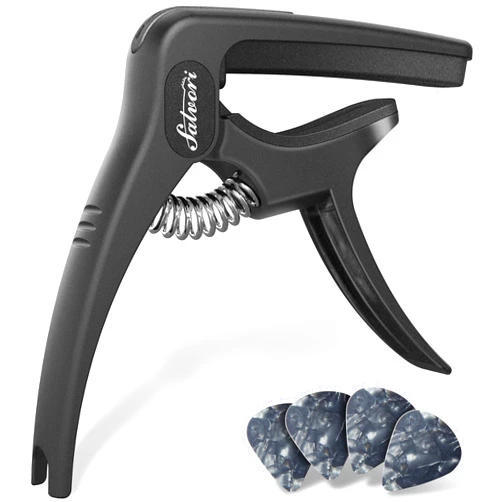 Salvori Exclusive Obsidian Black 'Dark Knight' Heavy-Duty Guitar Capo for Acoustic/Electric Guitar with 4 Picks, Guitar Clip/Guitar Clamp for Classical Guitar, Ukulele, Mandolin and Banjo