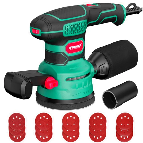 HYCHIKA BETTER TOOLS FOR BETTER LIFE Orbital Sander 3.8Amp 450W, HYCHIKA 6 Variable Speeds Double Handle Palm Random Orbit Sander, 5-Inch Electric Sander with 20pcs Sandpapers, Dust Collector, Power Sander for Woodworking