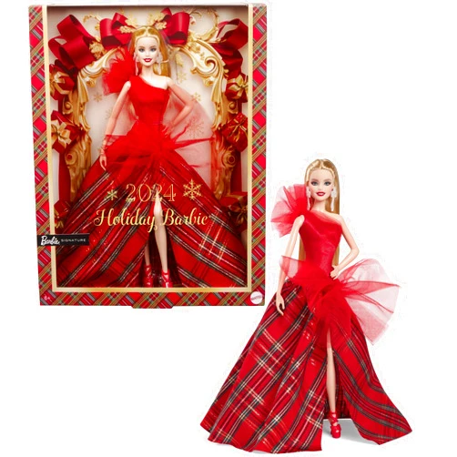 Barbie Signature Doll, 2024 Holiday Blonde Fashion Doll Wearing Gown with Plaid Skirt, Seasonal Collector Gift in Displayable Packaging
