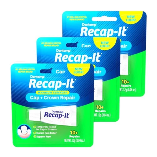 Dentemp Recap-It Cap and Crown Repair Dental Kit - Fast Acting Formula Dental Cement for Loose Caps (Pack of 3) - Temporary Cement for Crown and Bridge