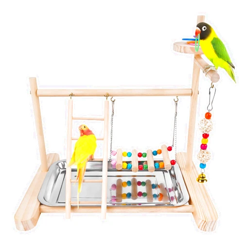Chuiendi Bird Playground Play Stand Parrot Perch Stand, Natural Wood Play Gym for Parakeet Conure Cockatiel Lovebird Budgie with Feeder Cups, Swings, Ladder and Removable Tray