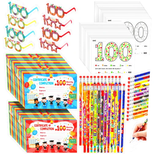 Yexiya 100th Day of School Kit Teacher Favor Kit Include Pencils, Color Pages, Certificates, Certificate of Merit and Glasses for Kids 100 Days of School Celebration Party Favors School Supplies (240 Pcs)