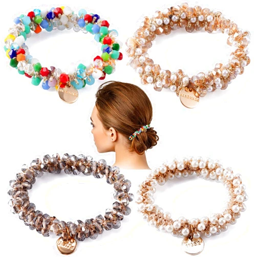 PAGOW 4pcs Crystal Pearls Hair Rope, Pearl Scrunchies Hair Bands, Retractable Hair Ties for Women and Girls (4 Colors: Pearl, Grey, Colorful, Champagne)