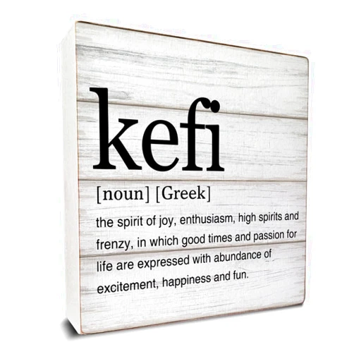 Dumyum Greek Art Kefi Definition Wooden Box Sign Life Quotes Desk Decorative Wooden Sign Home Office Decor for Desk Table Shelf 5 x 5 Inches