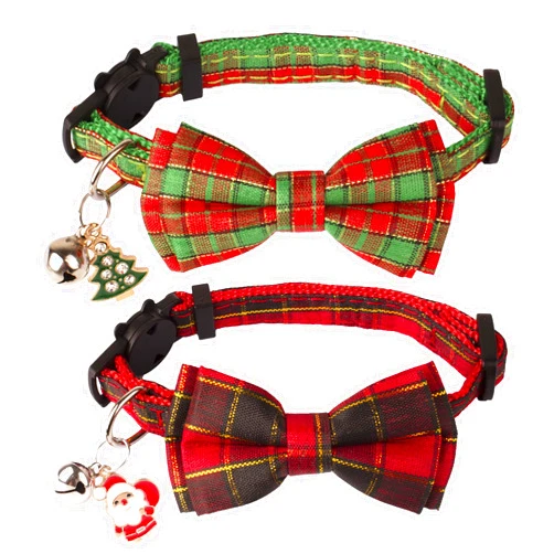 ADOGGYGO Christmas Cat Collars with Bow Bell, Breakaway Cat Bowtie Collar Red Green Plaid Christmas Collars for Girl Boy Cats Kittens (Christmas)