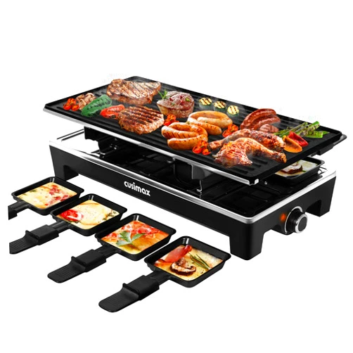 CUSIMAX Raclette Grill Electric Grill Table Portable 2 in 1 Korean BBQ Grill Indoor & Cheese Raclette, Reversible Non-stick plate, Crepe Maker with Adjustable temperature control and 8 Paddles