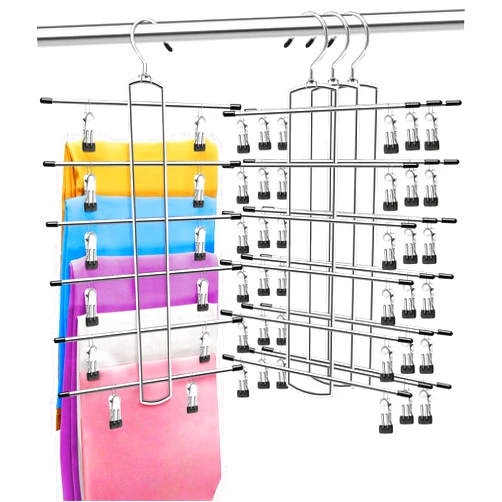 GDBAQAN 3 Pack Closet-Organizer-Pants-Hangers-Space-Saving,Metal Closet-Organizers-and-Storage,6 Tier Organization and Storage Short Skirt Hangers Cilp,Dorm Room Essentials for College Students Girls Boys Guy