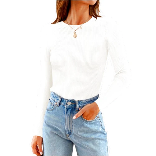 ZESICA Women's Long Sleeve Crewneck Shirts Spring Knit Sweater Slim Fitted Casual Basic Tee Tops