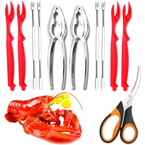 HIWARE 4-Person Seafood Tools Set includes 2 Crab Crackers, 4 Lobster Shellers, 4 Crab Leg Forks/Picks and 1 Seafood Scissors - Nut Cracker Set