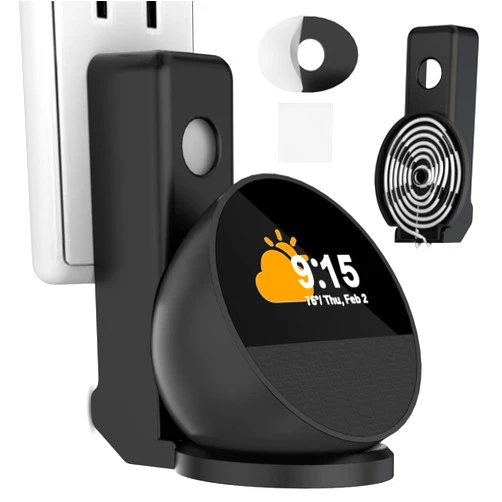 ELOLOHI Wall Mount for Echo Spot 2024, Echo Spot Wall Mount Stand Holder with Cable Management, Hide Messy Wires Speaker Outlet Hanger Shelf With Anti Fall Sticking Tape, No Screws, Space Saving, Black