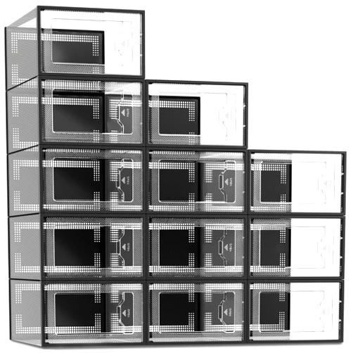 SEE SPRING X-Large Shoe Storage Box Fit Size 11, Clear Plastic Stackable Shoe Organizer for Closet, Space Saving Foldable Shoe Rack Sneaker Container Bin Holder, 12 Pack Black